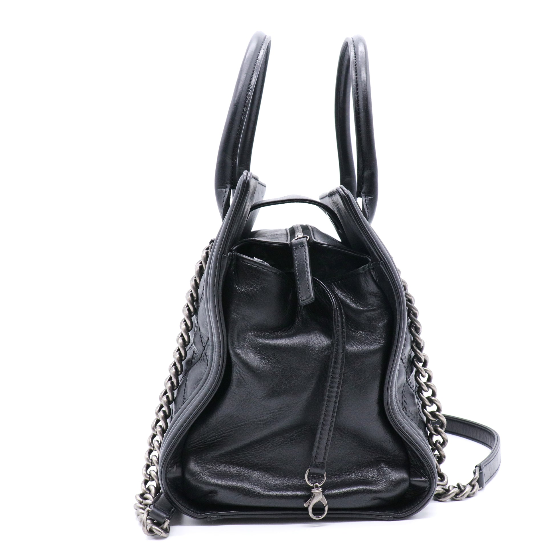 Calfskin Quilted Double Stitch Large Boy Tote Black