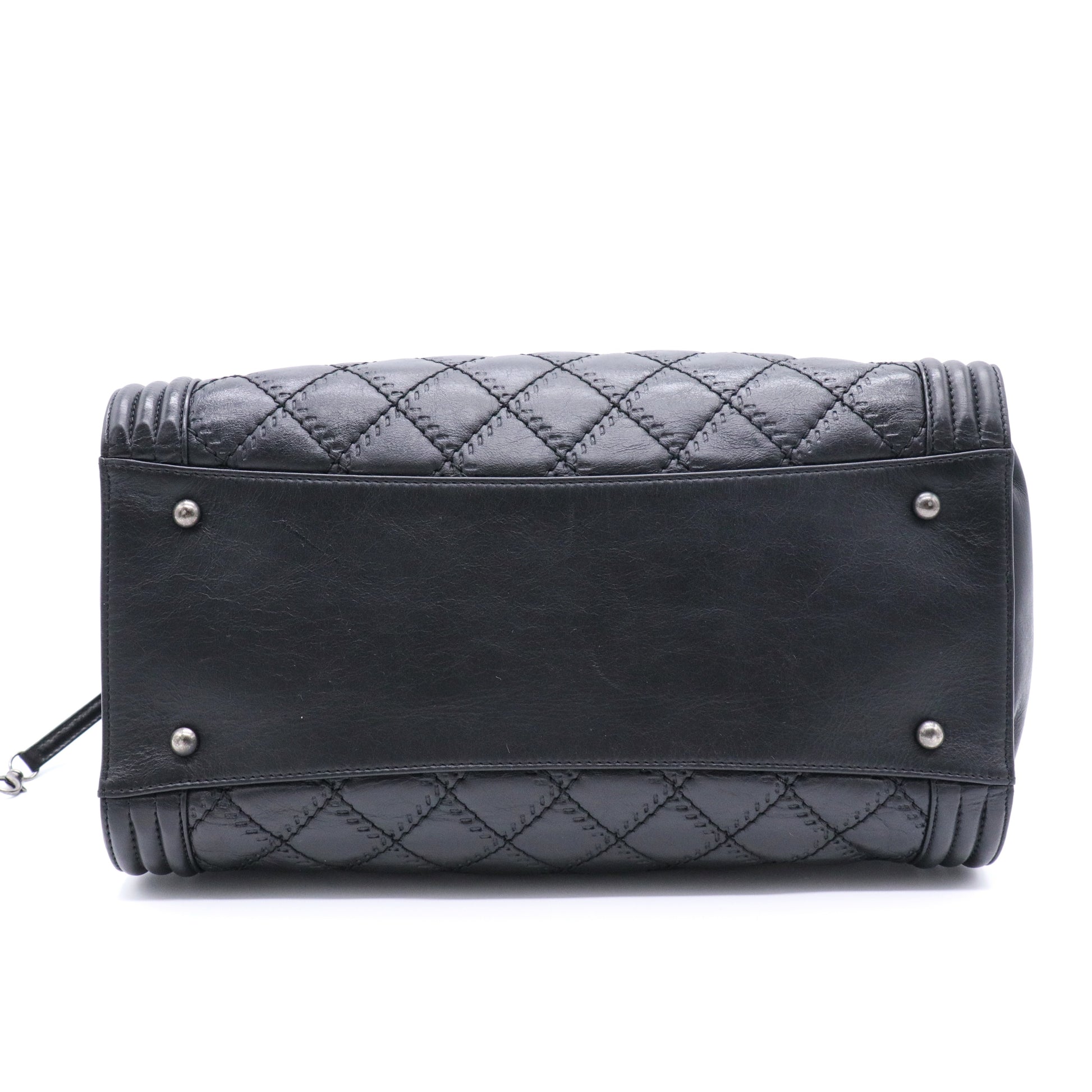 Calfskin Quilted Double Stitch Large Boy Tote Black