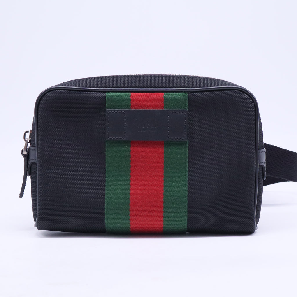 Techno Web Stripe Black Canvas Leather Trim Waist Belt Bag