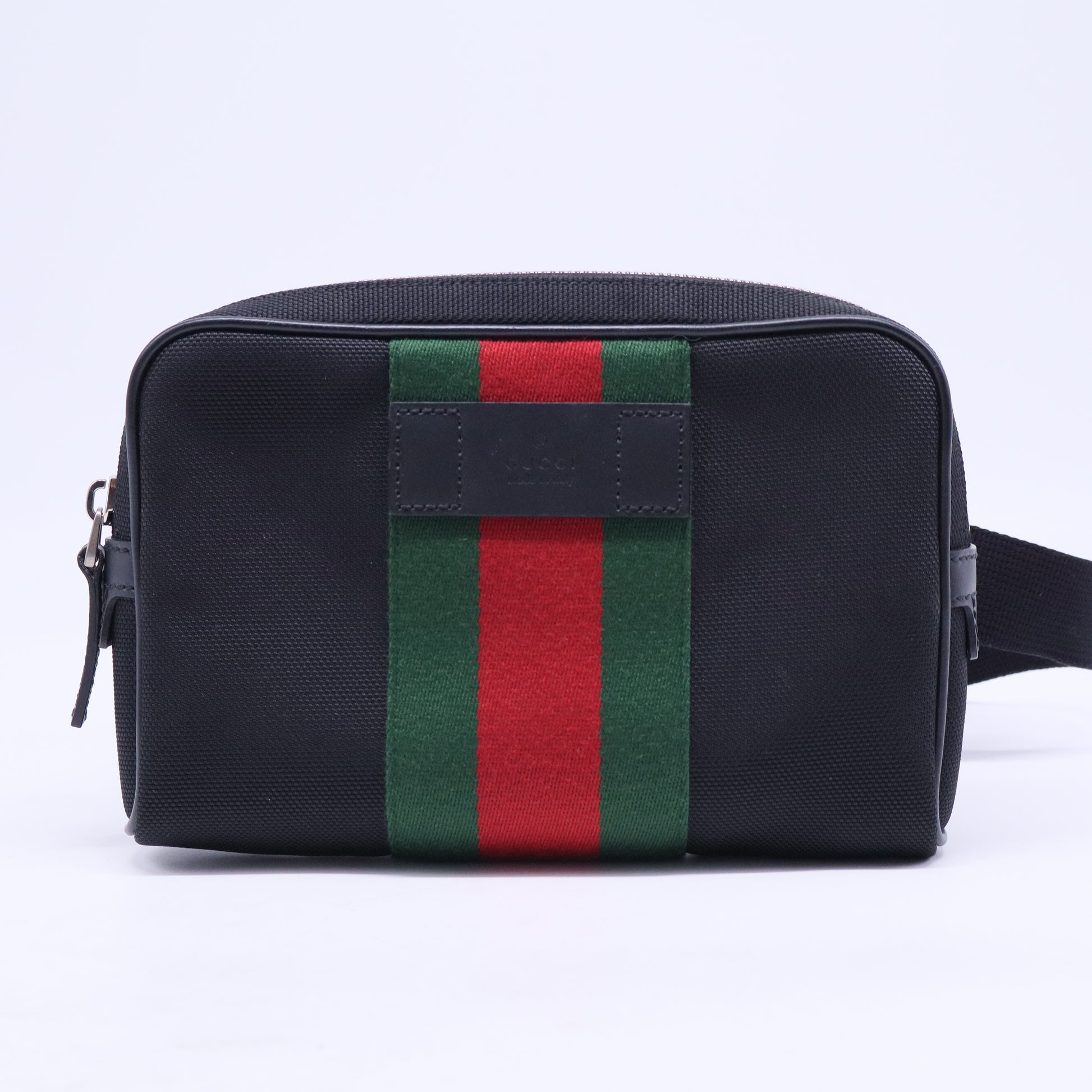 Techno Web Stripe Black Canvas Leather Trim Waist Belt Bag