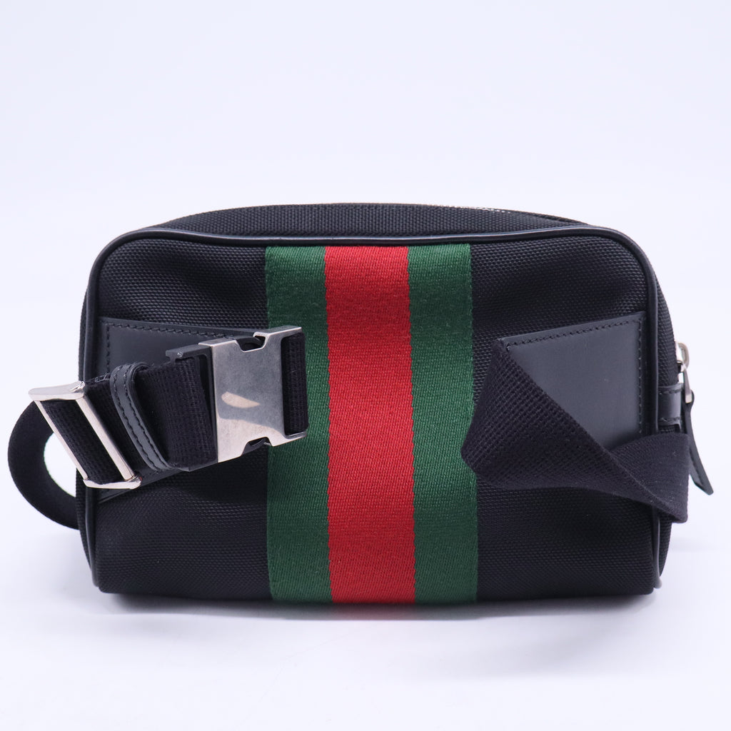 Techno Web Stripe Black Canvas Leather Trim Waist Belt Bag