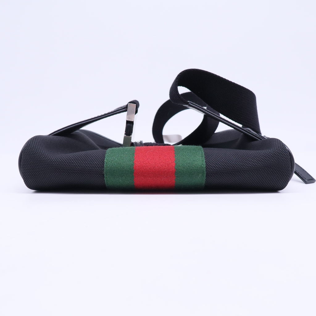 Techno Web Stripe Black Canvas Leather Trim Waist Belt Bag