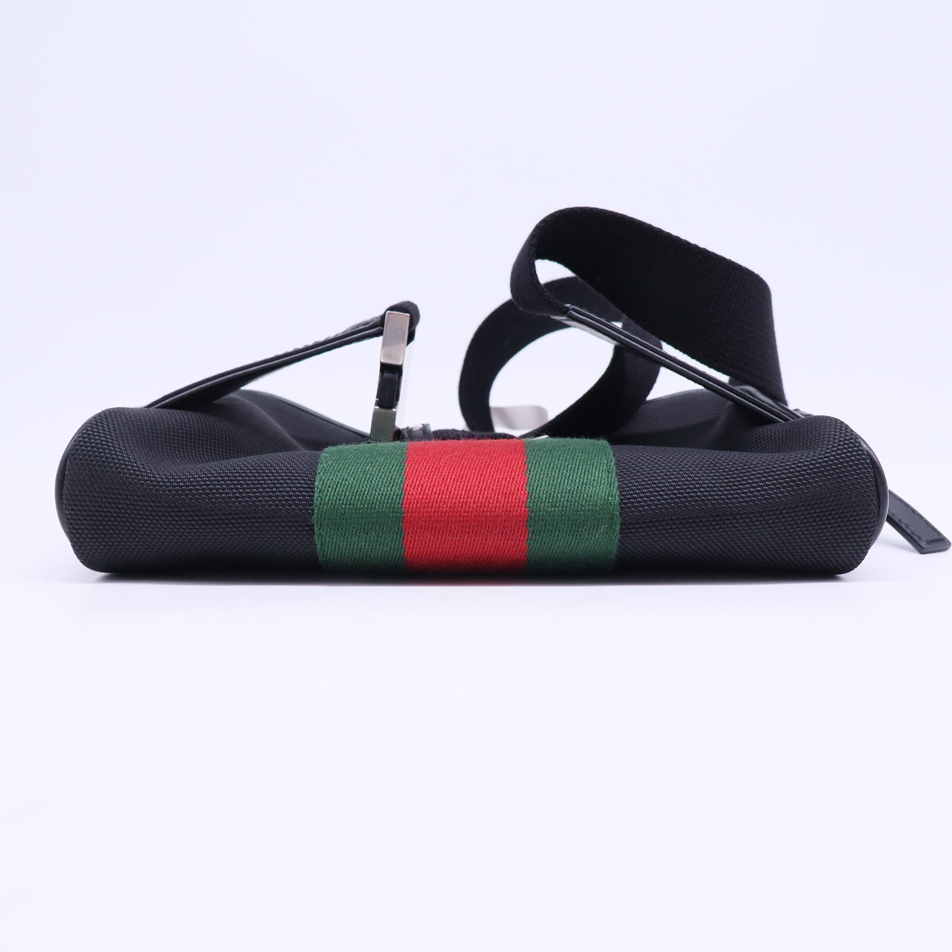 Techno Web Stripe Black Canvas Leather Trim Waist Belt Bag
