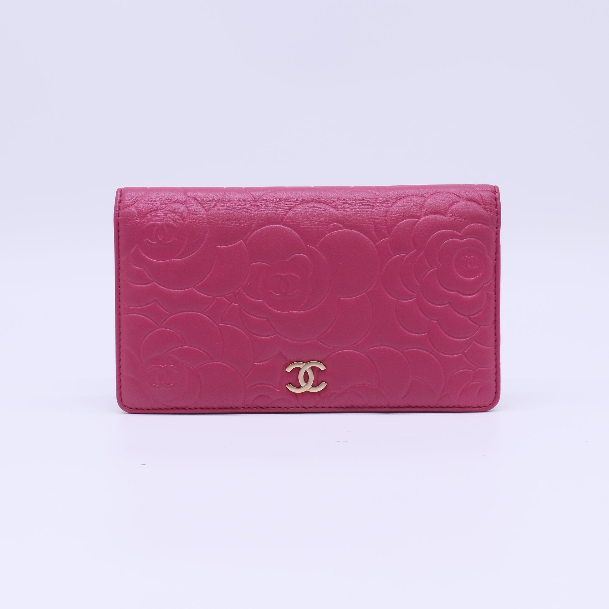 Chanel Camellia Embossed Lambskin Long Bifold Wallet Pink W22245