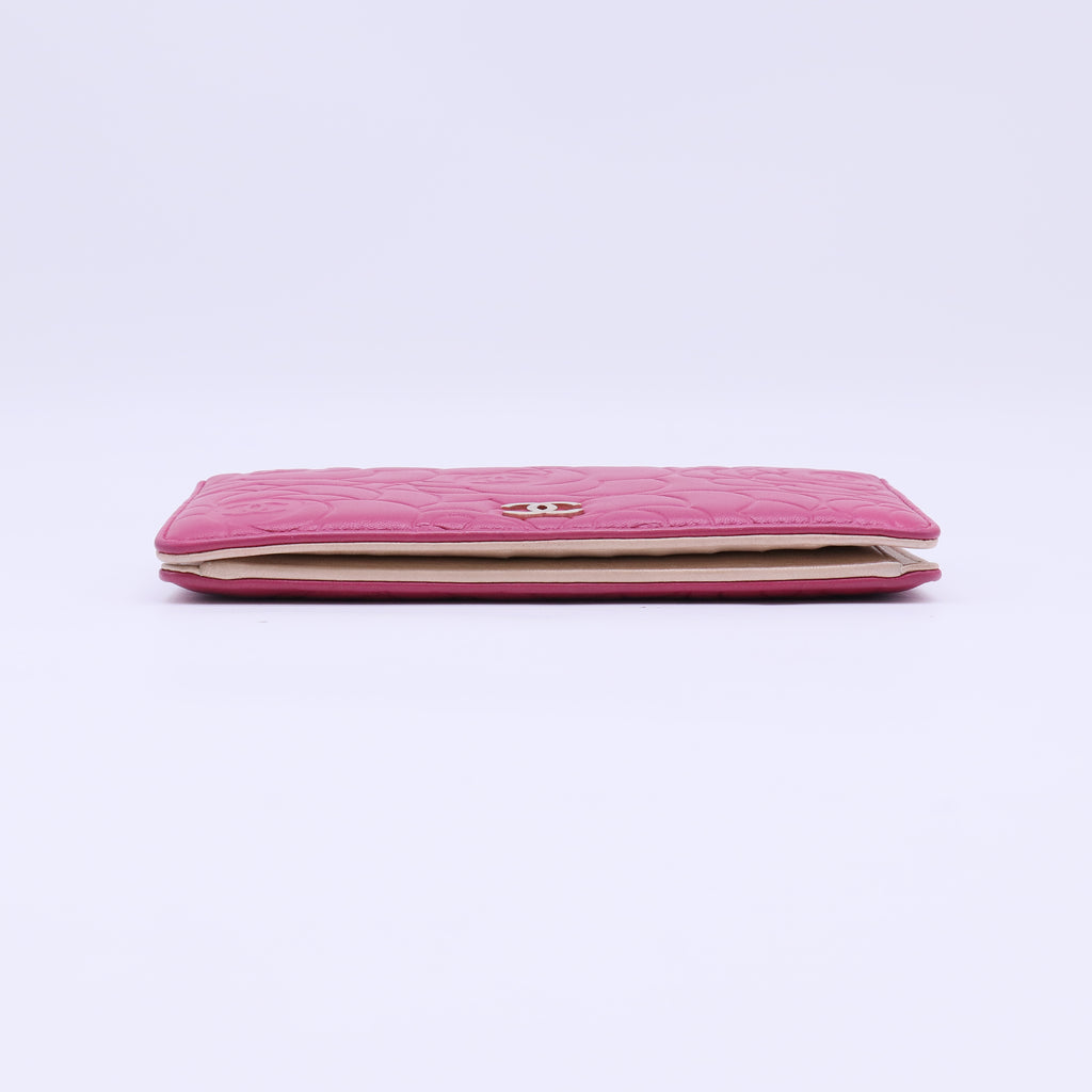 Chanel Camellia Embossed Lambskin Long Bifold Wallet Pink W22245