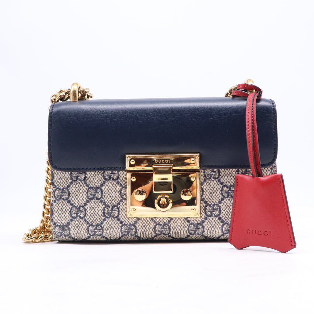 GG Supreme Monogram Moon Calfskin Small Padlock Shoulder Bag Beige Mystic White Hibiscus Red B21732