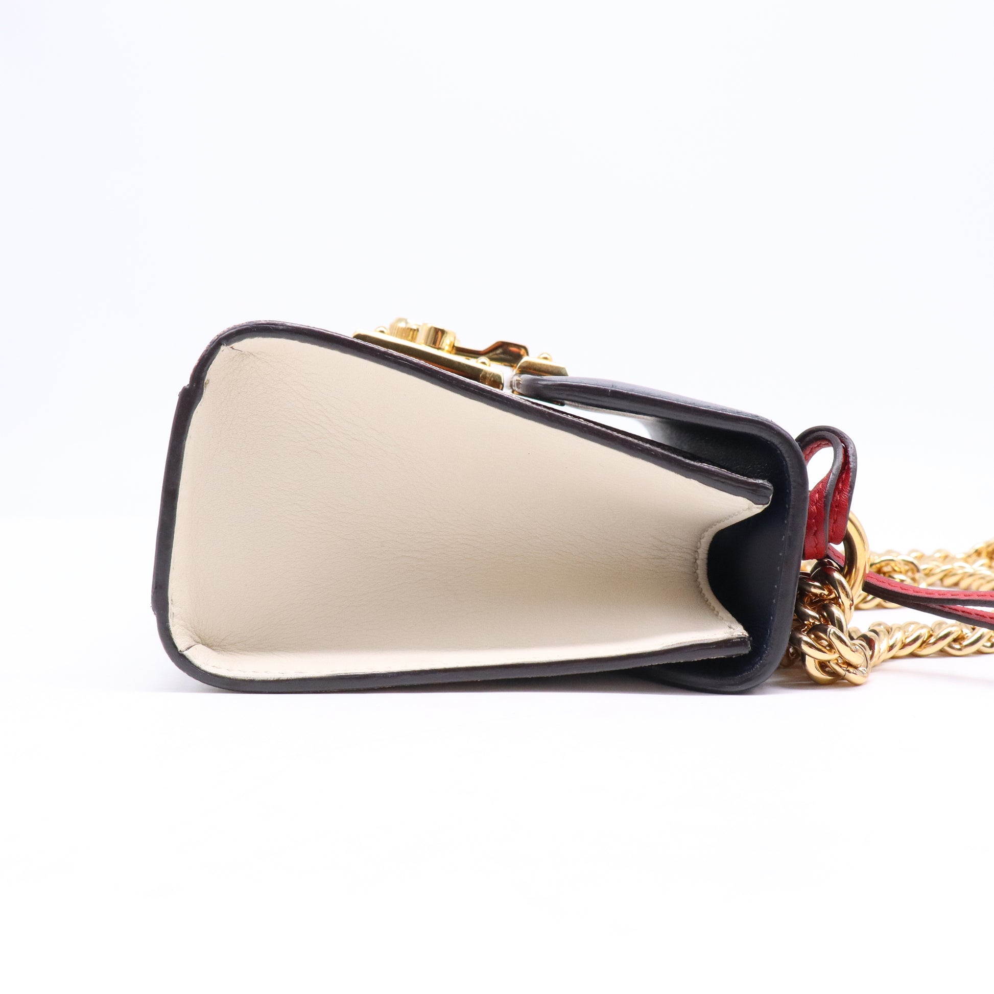 GG Supreme Monogram Moon Calfskin Small Padlock Shoulder Bag Beige Mystic White Hibiscus Red B21732