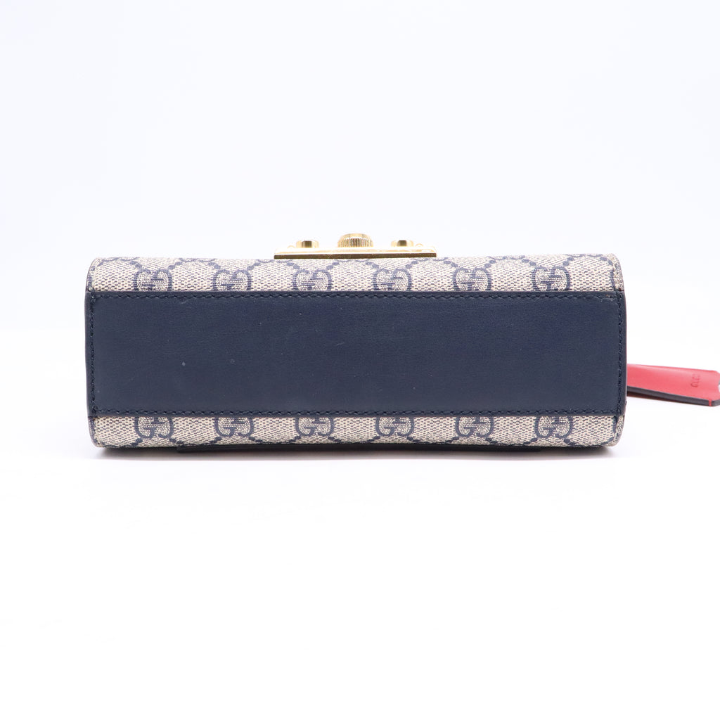 GG Supreme Monogram Moon Calfskin Small Padlock Shoulder Bag Beige Mystic White Hibiscus Red B21732