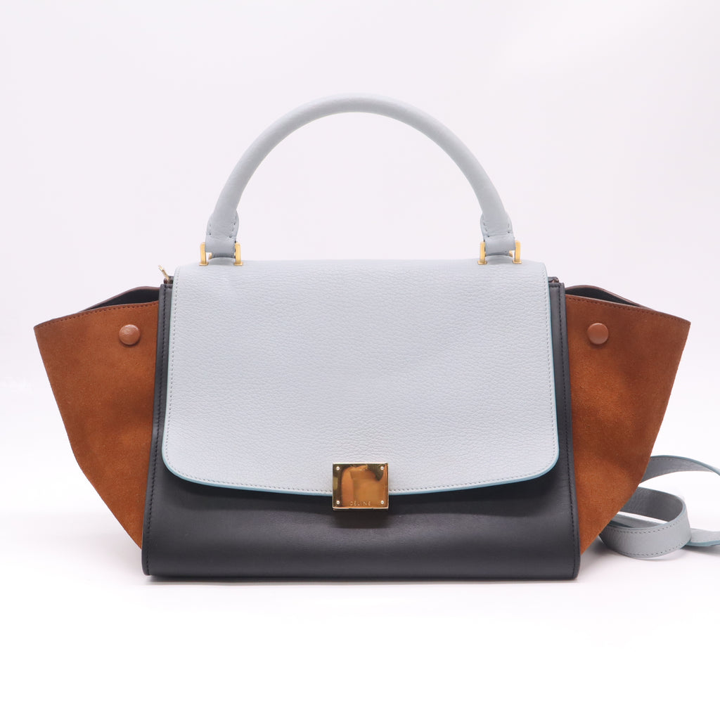 Celine Tri-Color Medium Trapeze Bag in Light Blue, Black Leather, and Tan Suede B22379