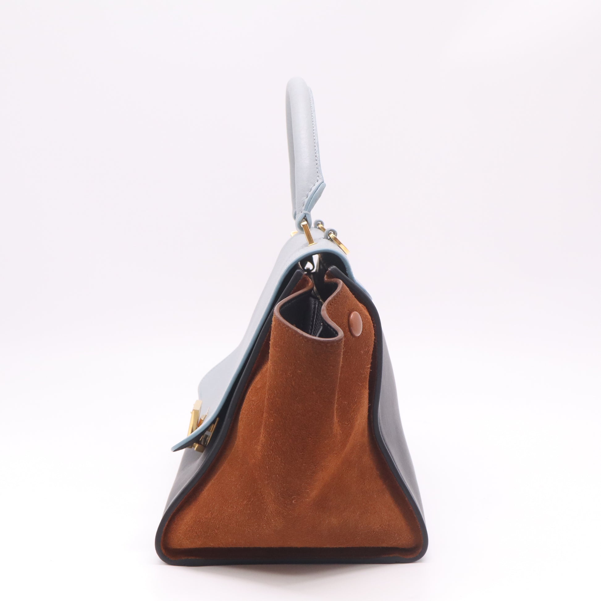 Celine Tri-Color Medium Trapeze Bag in Light Blue, Black Leather, and Tan Suede B22379