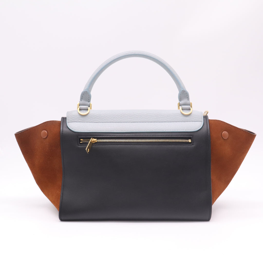 Celine Tri-Color Medium Trapeze Bag in Light Blue, Black Leather, and Tan Suede B22379