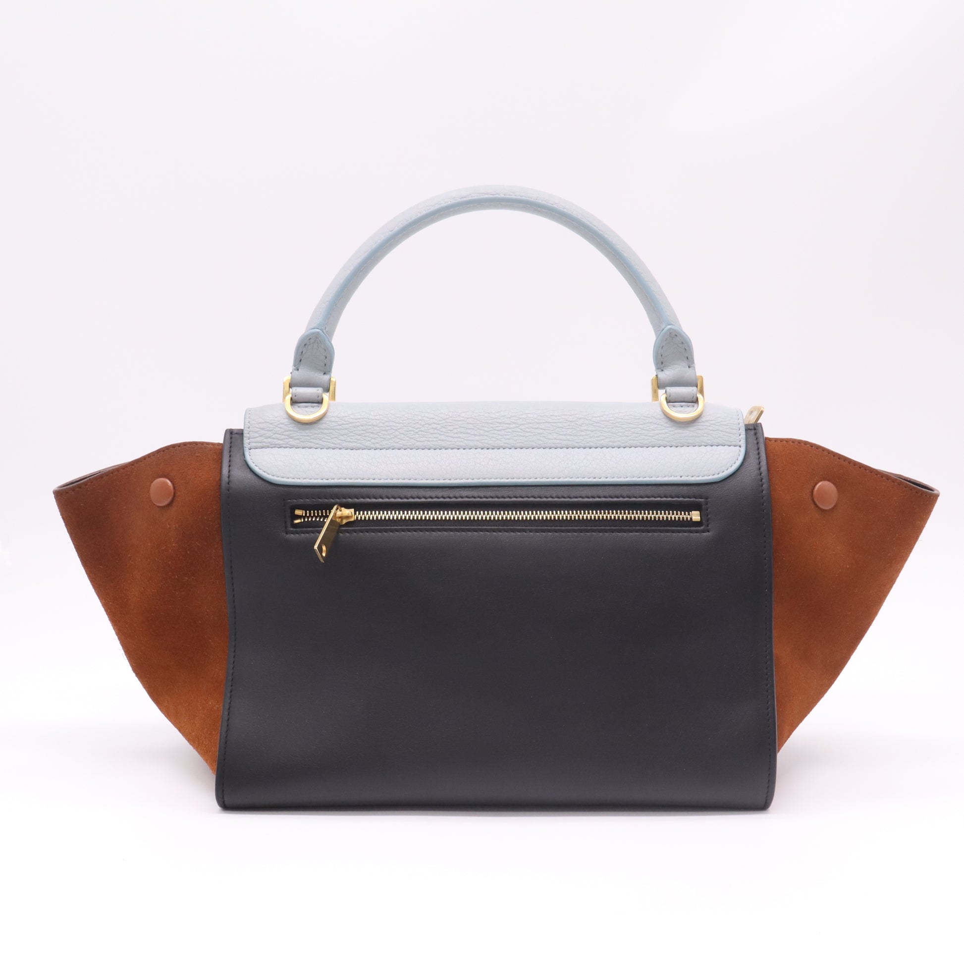 Celine Tri-Color Medium Trapeze Bag in Light Blue, Black Leather, and Tan Suede B22379