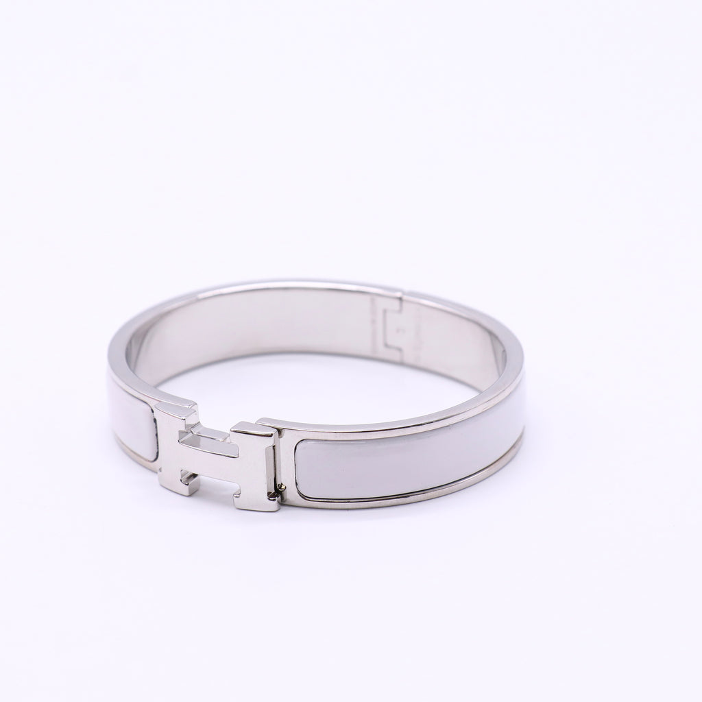 Hermes White Enamel Palladium Plated Clic-H Narrow PM Bracelet LDZ160