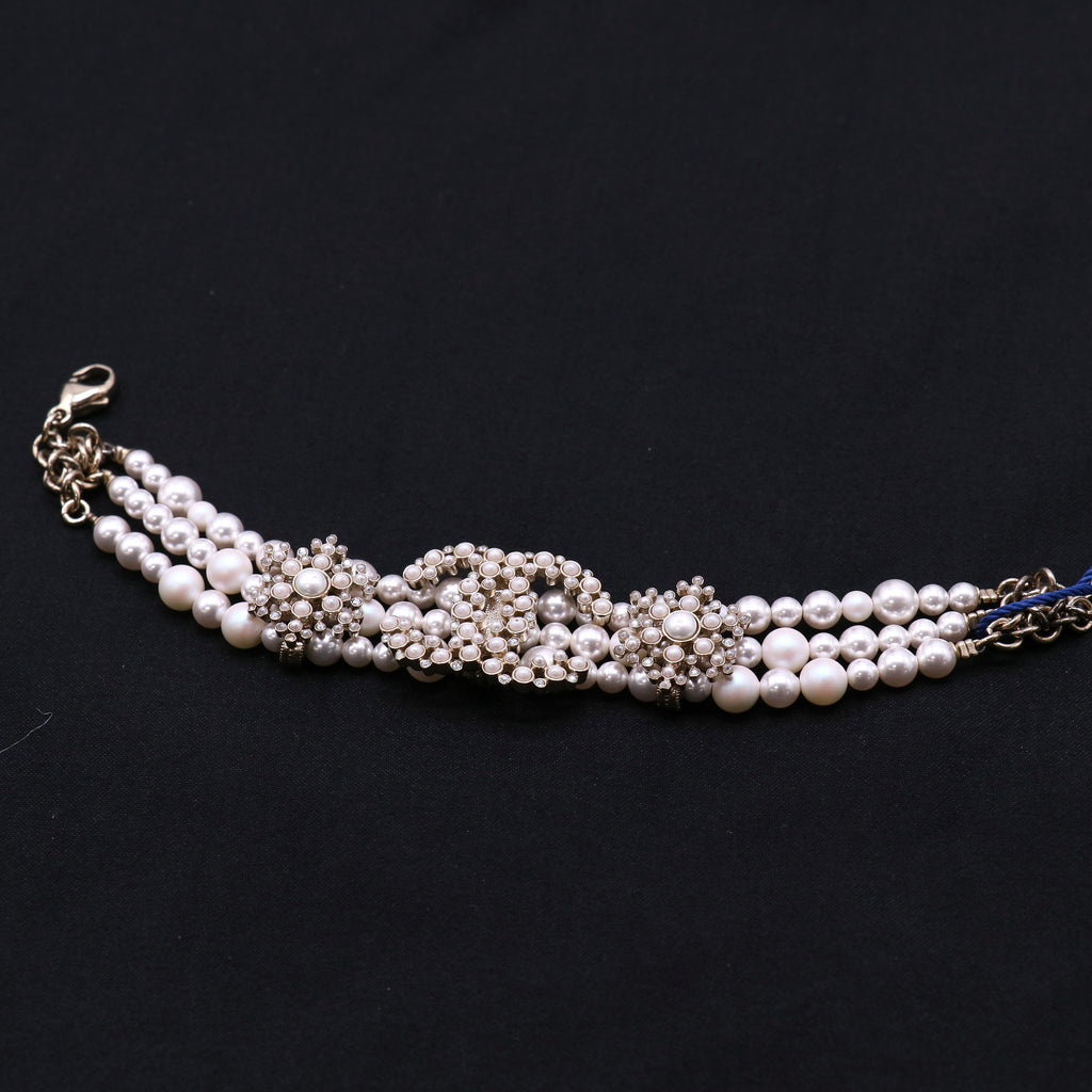 Chanel Goldtone Metal Triple Strand Faux Pearl CC Bracelet LDZ162