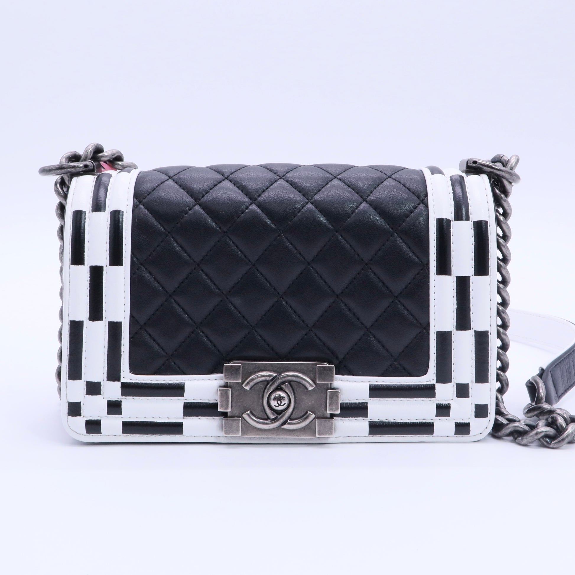 Calfskin Checkerboard Trim Small Boy Flap Black White twins