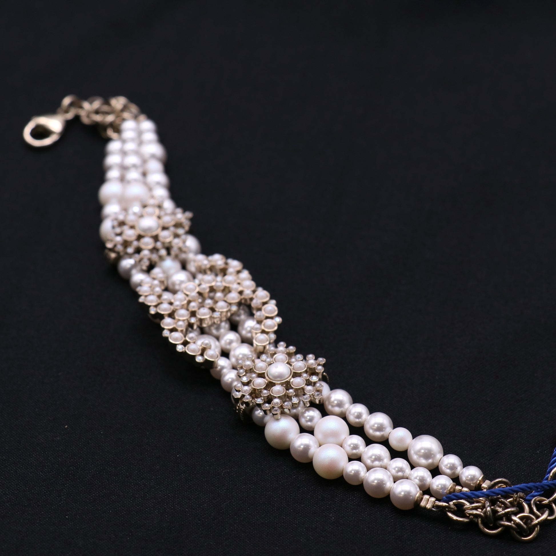 Chanel Goldtone Metal Triple Strand Faux Pearl CC Bracelet LDZ162