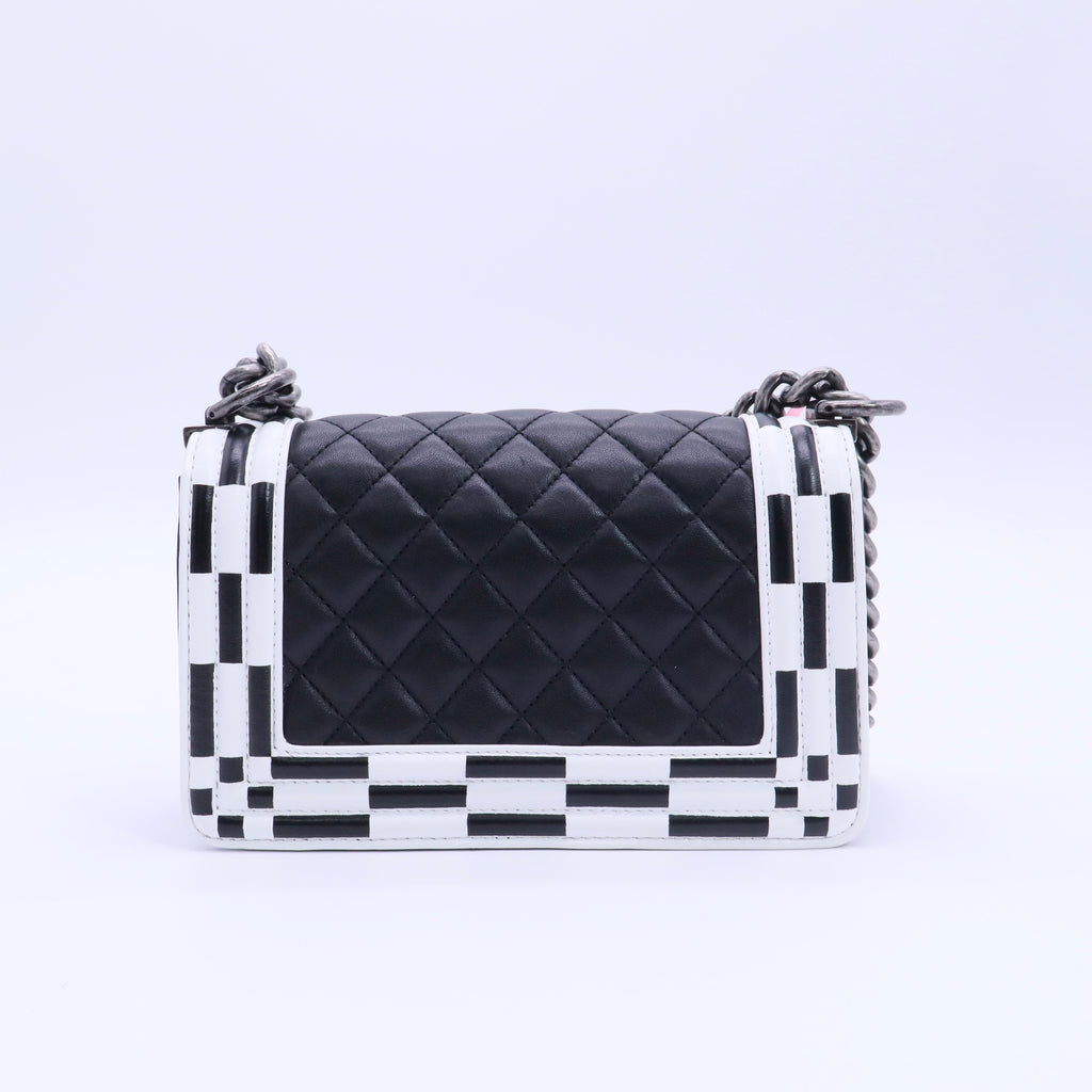 Calfskin Checkerboard Trim Small Boy Flap Black White twins