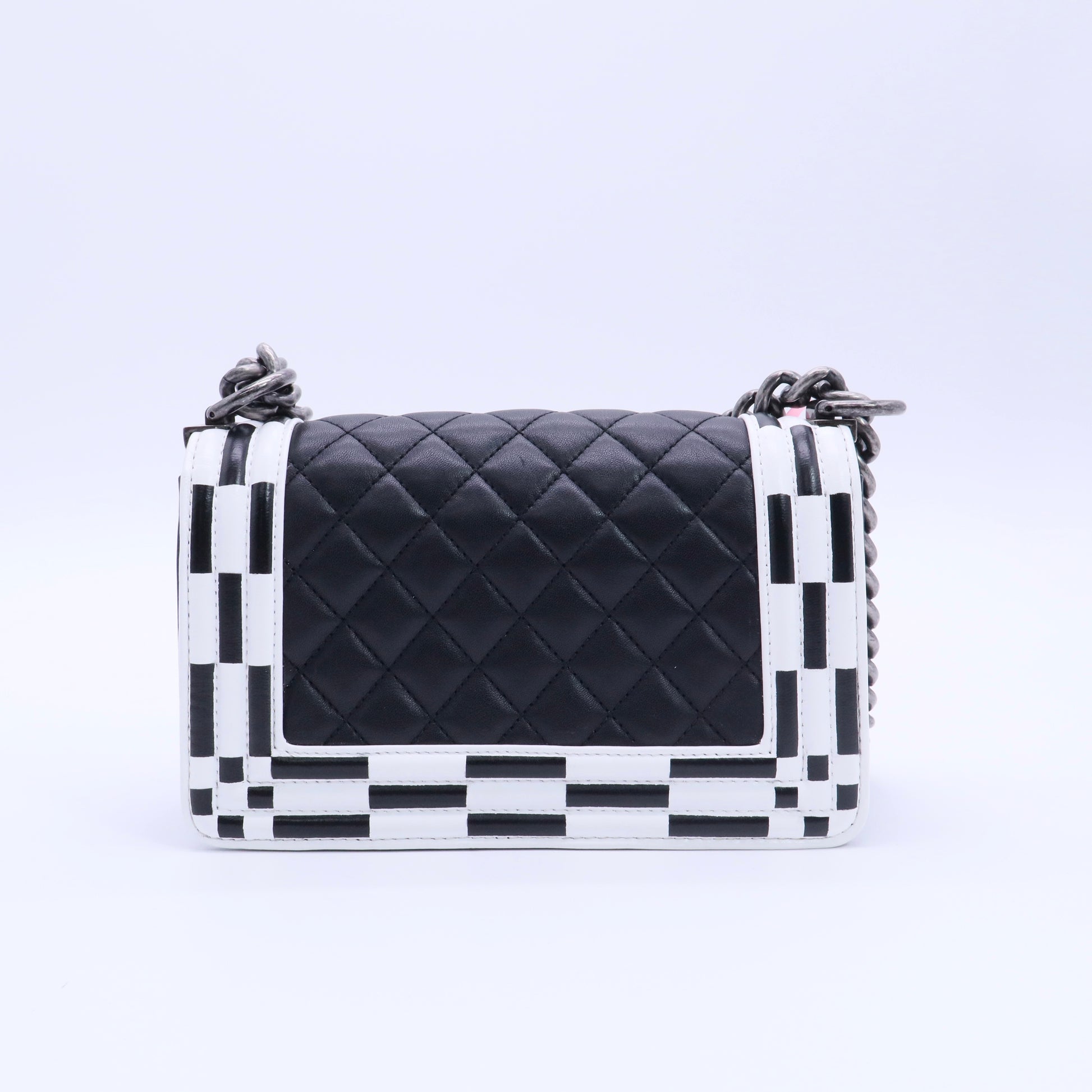 Calfskin Checkerboard Trim Small Boy Flap Black White twins