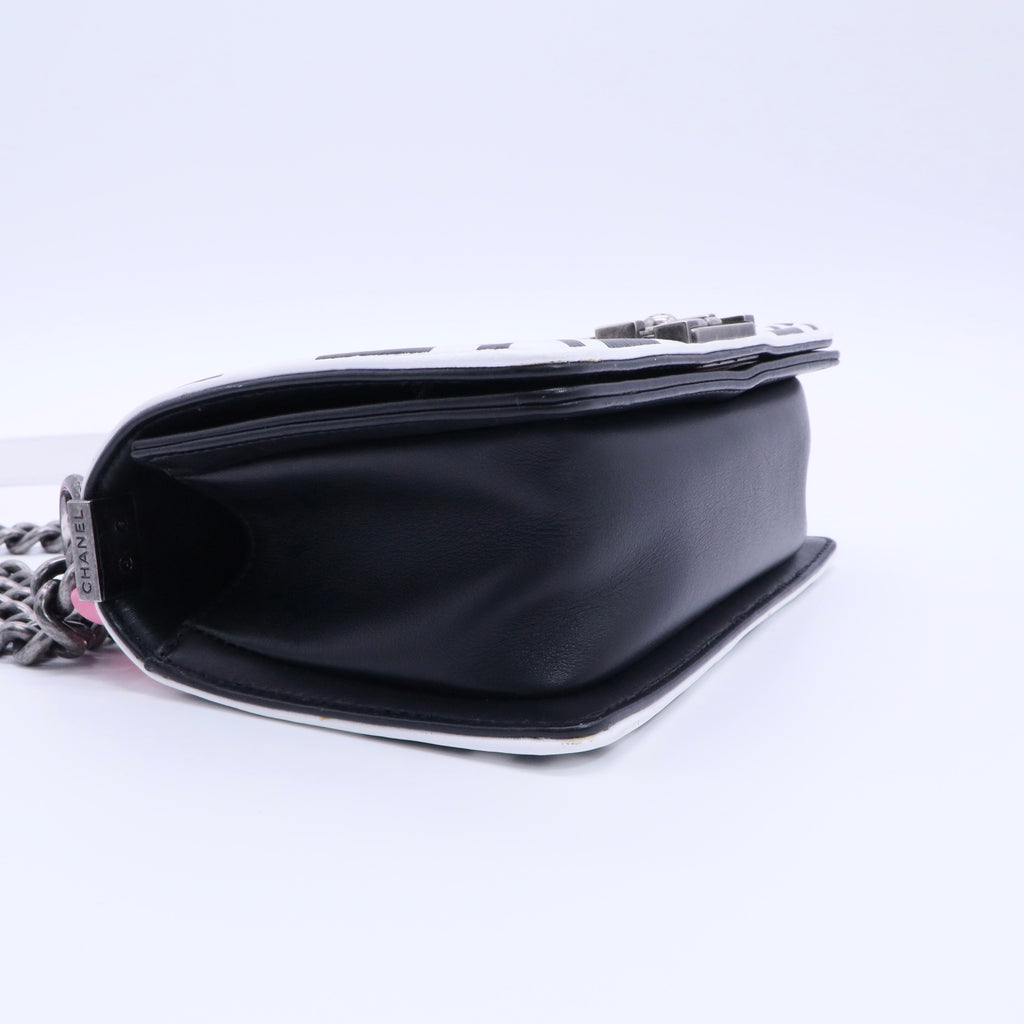 Calfskin Checkerboard Trim Small Boy Flap Black White twins