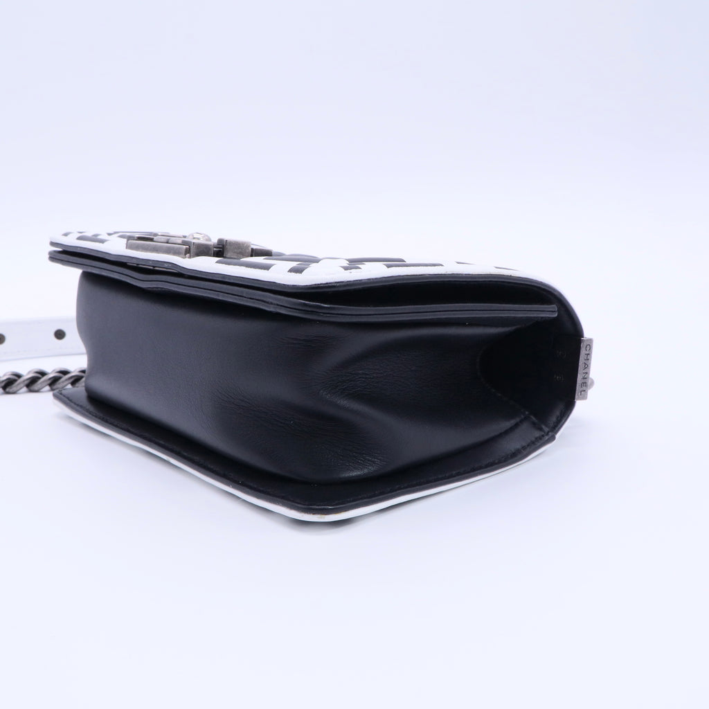 Calfskin Checkerboard Trim Small Boy Flap Black White twins