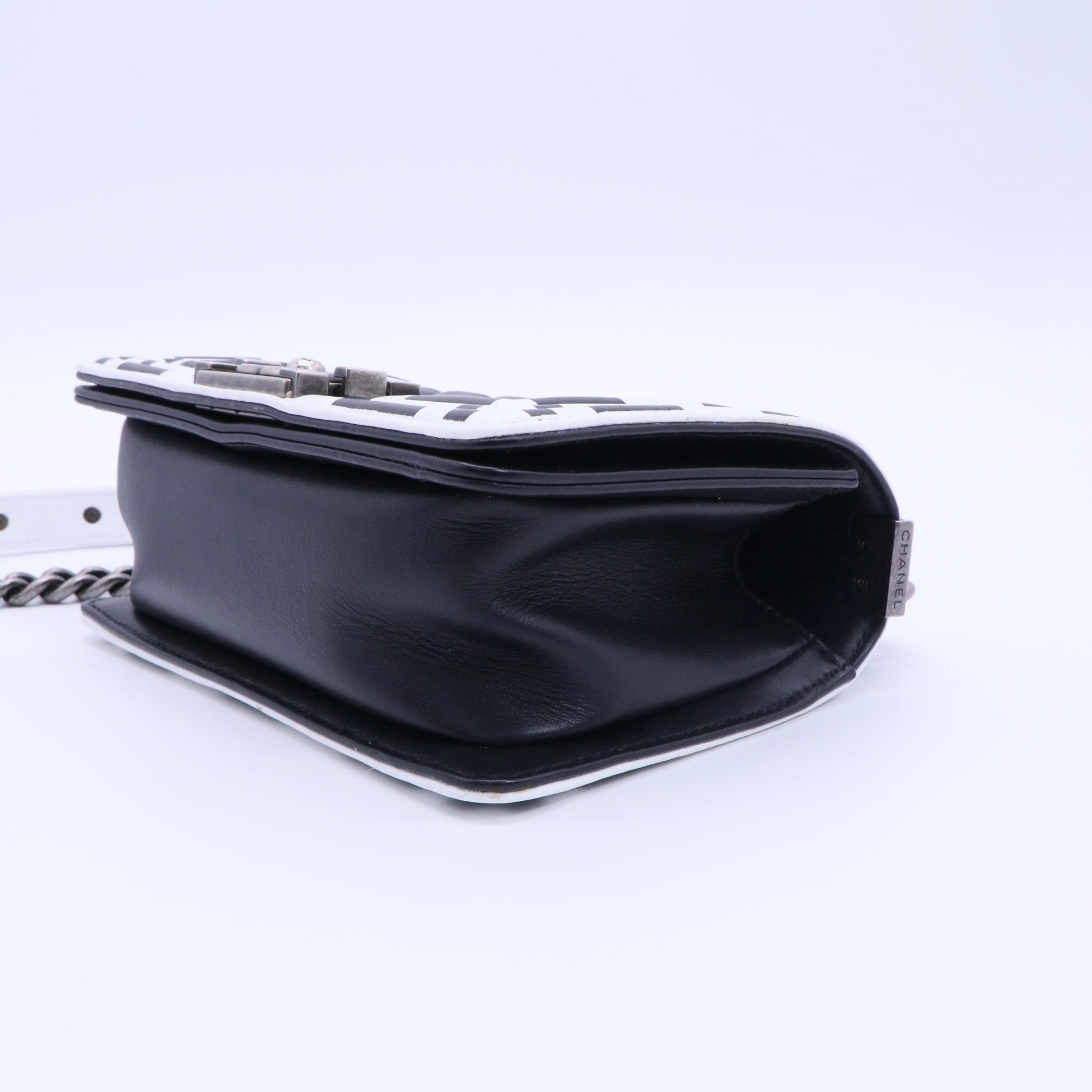 Calfskin Checkerboard Trim Small Boy Flap Black White twins