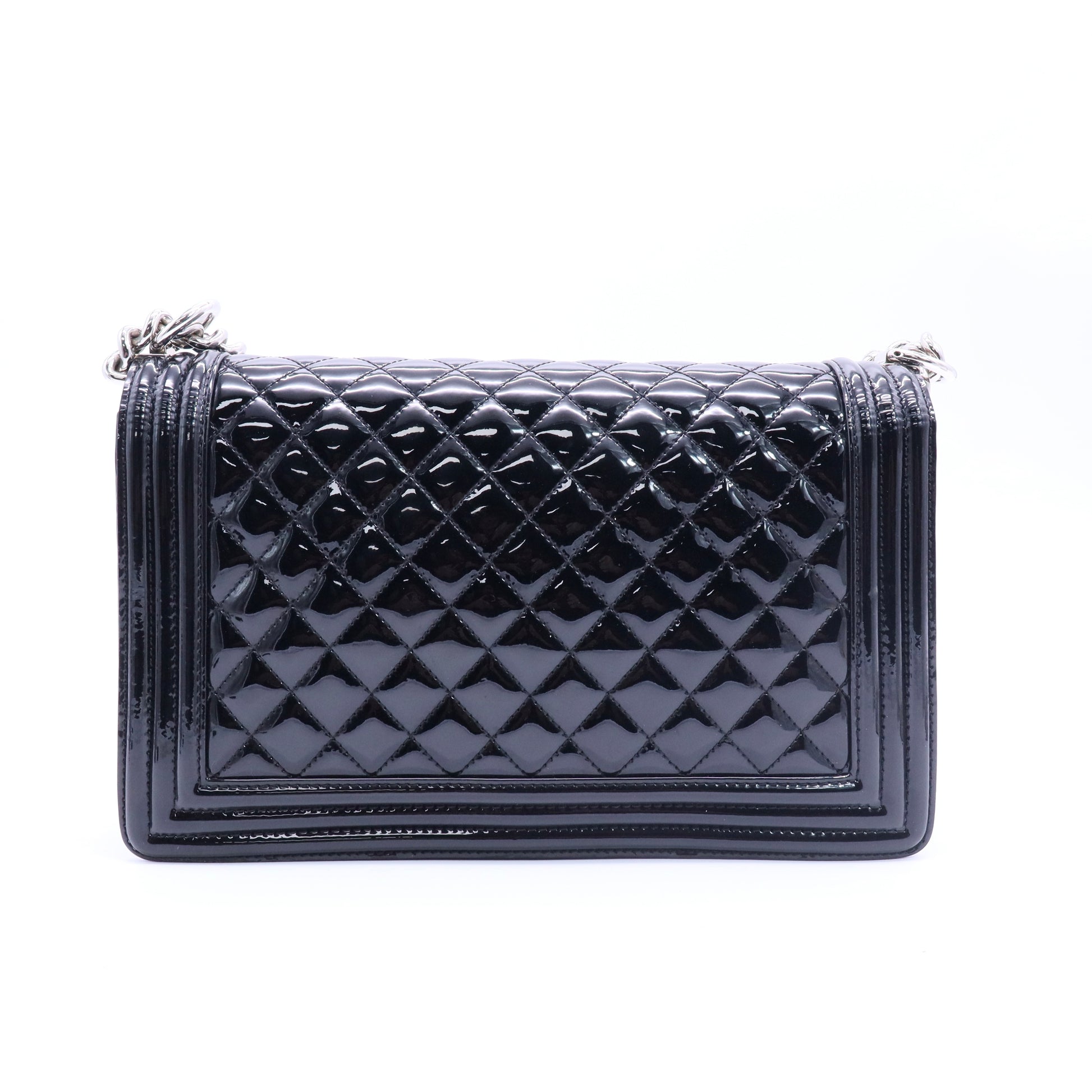 Patent Calfskin Quilted New Medium Plexiglass Boy Flap Black twins