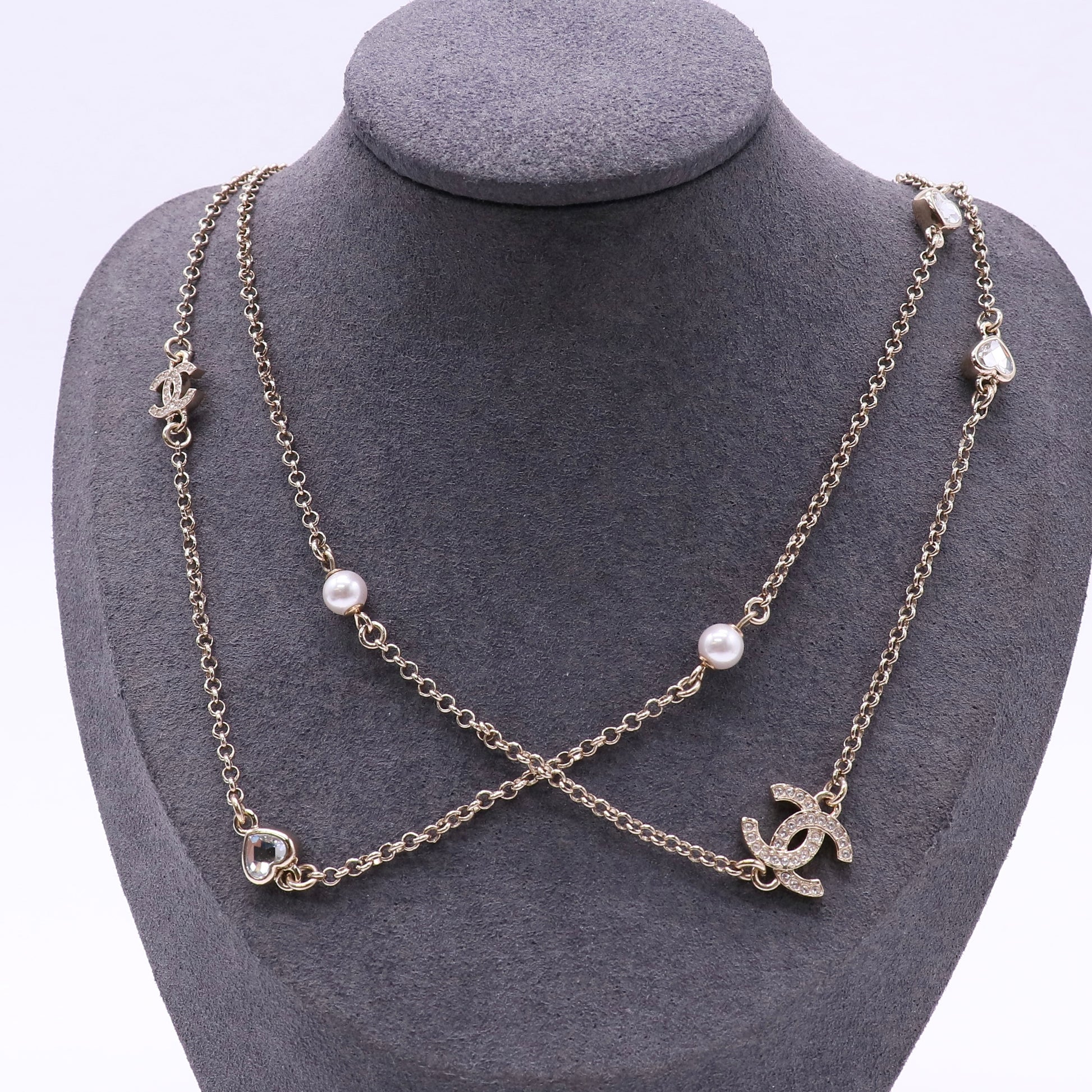 Chanel Pearl Baguette Crystal CC Long Necklace Gold LDZ172