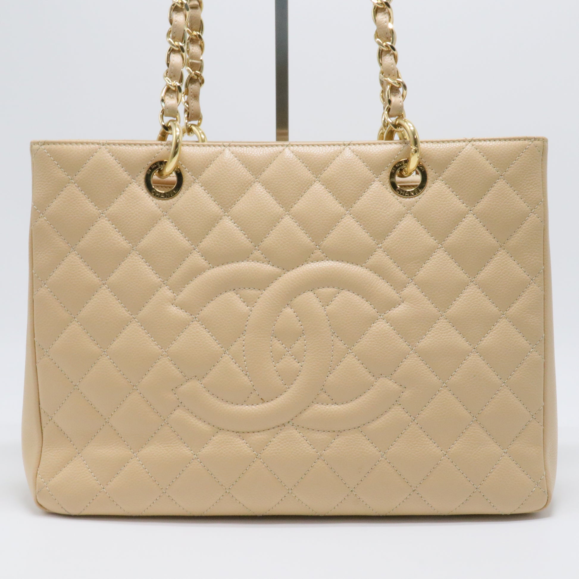 Beige Quilted Caviar Leather Grand Shopping Tote