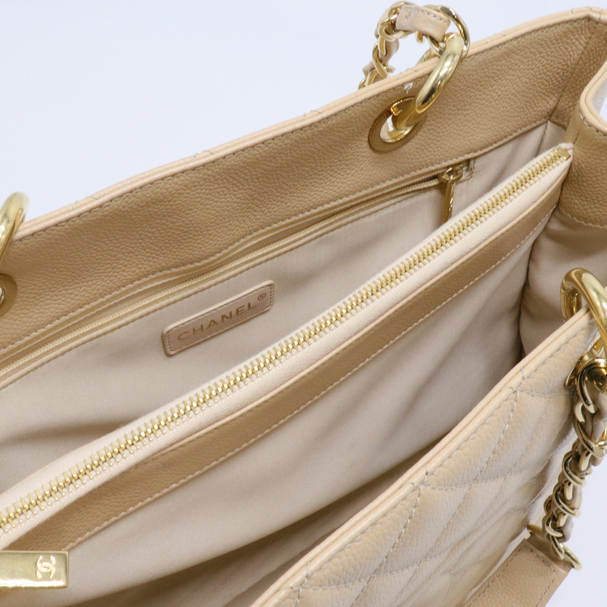 Beige Quilted Caviar Leather Grand Shopping Tote