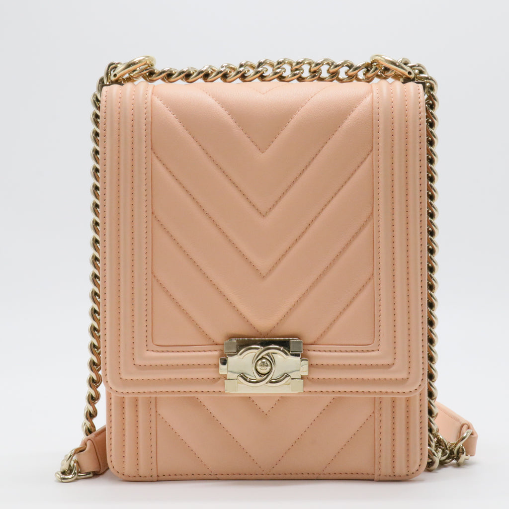 Chanel Chevron Boy Satchel Coral Pink Calfskin
