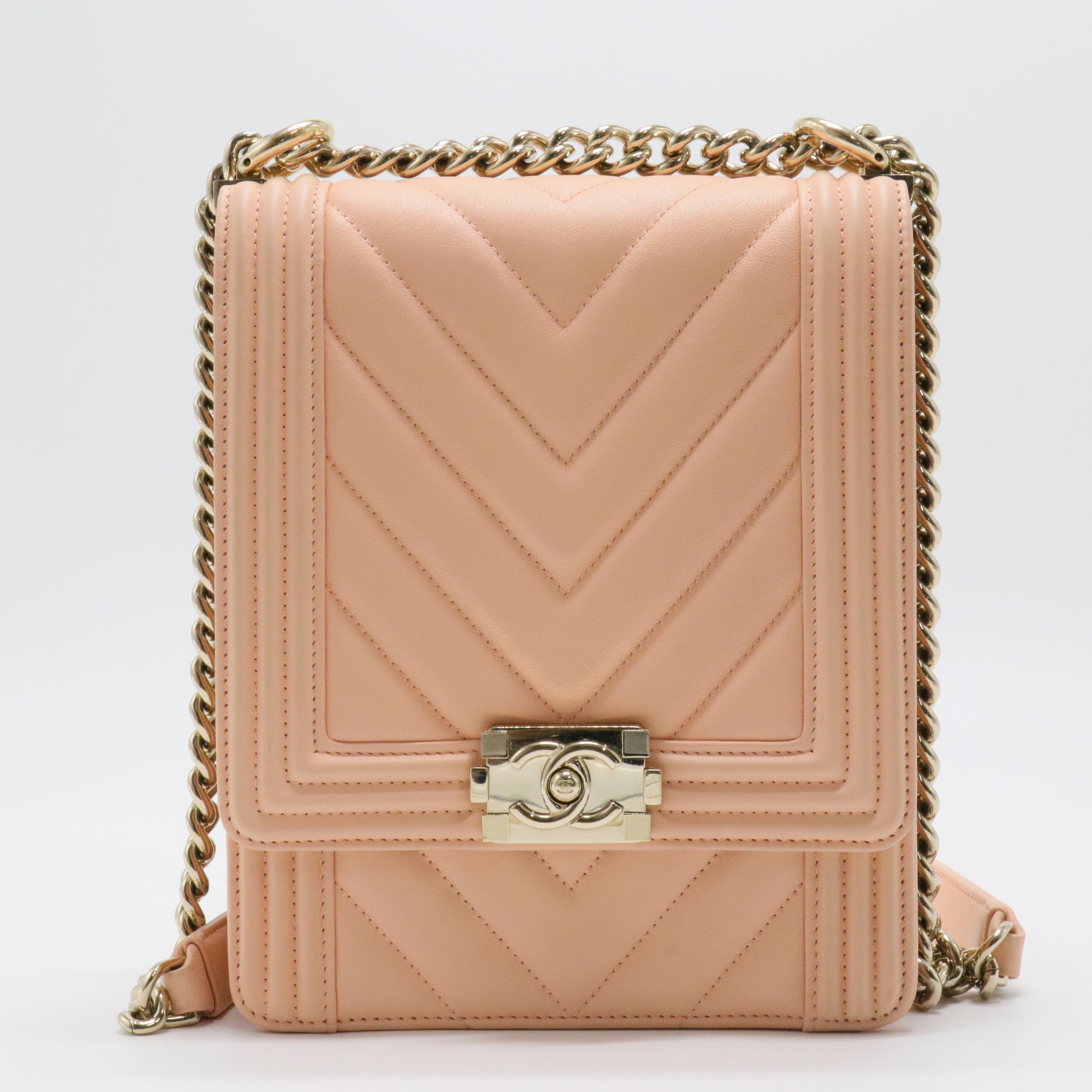 Chanel Chevron Boy Satchel Coral Pink Calfskin