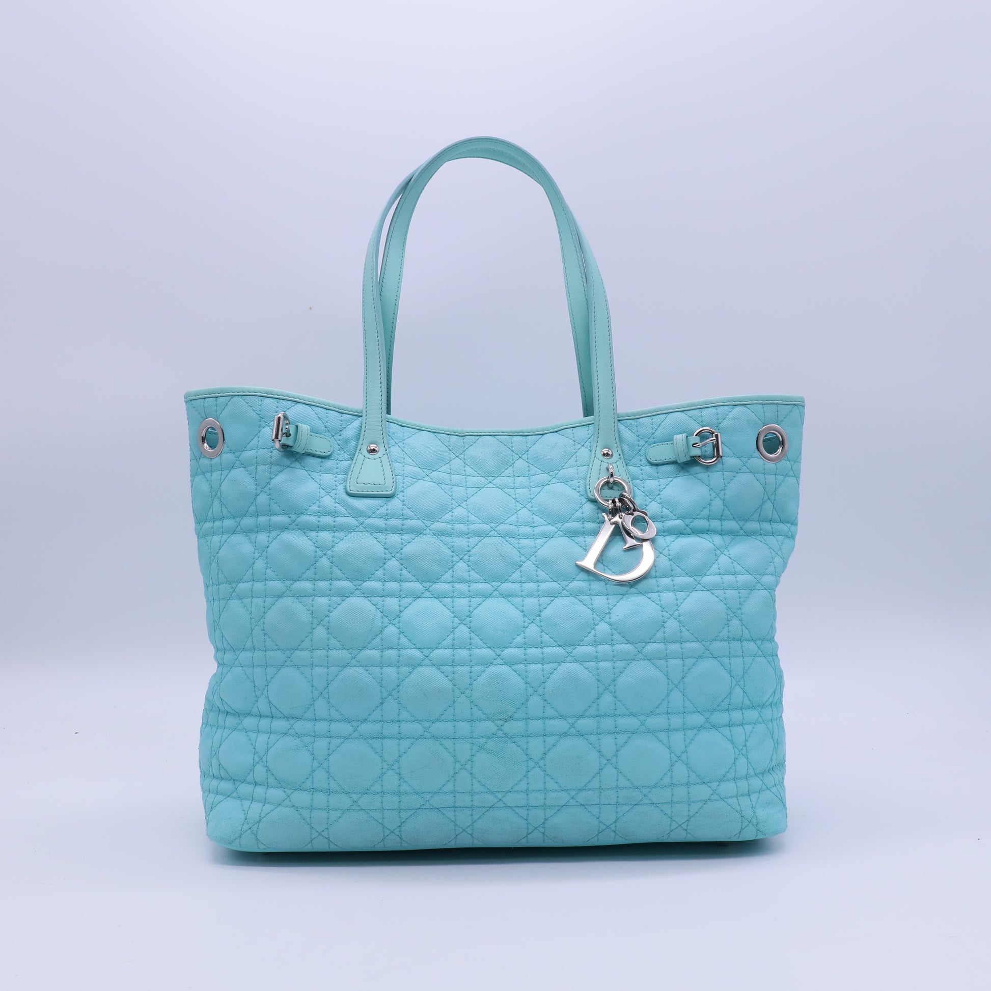 Christian Dior Mint Blue Cannage Quilted Coated Canvas Small Panarea Tote Bag  B21323