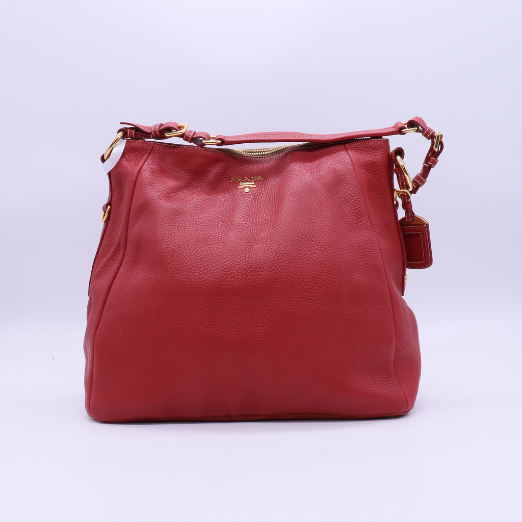 Prada Red Vitello Daino Leather Zip Hobo Prada B21729