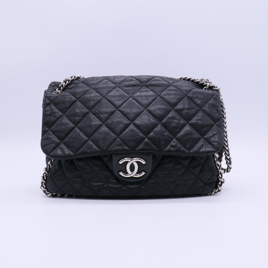 Chanel Black Quilted Washed Lambskin Leather Chain Around Maxi Flap Bag twins LDJ3921