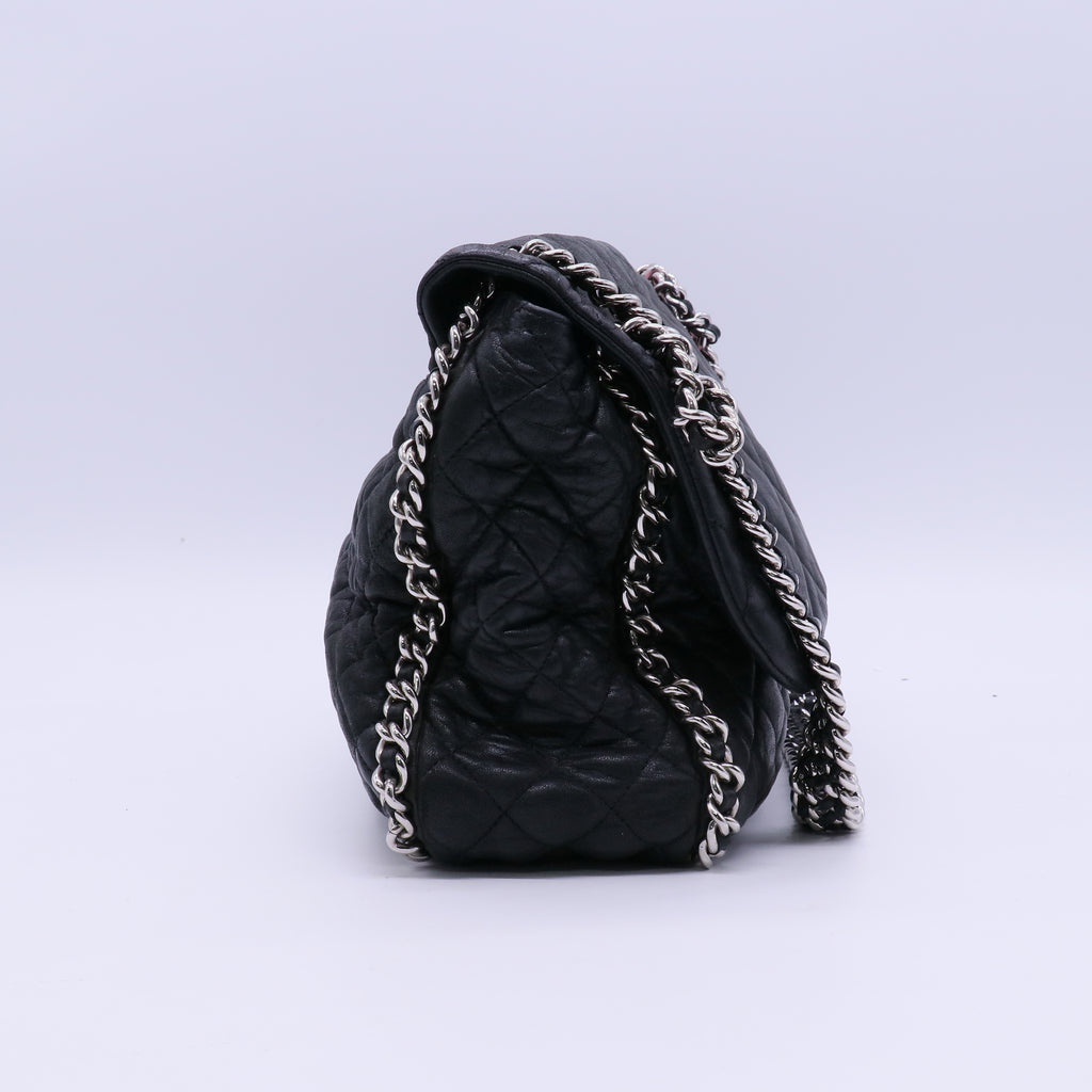 Chanel Black Quilted Washed Lambskin Leather Chain Around Maxi Flap Bag twins LDJ3921