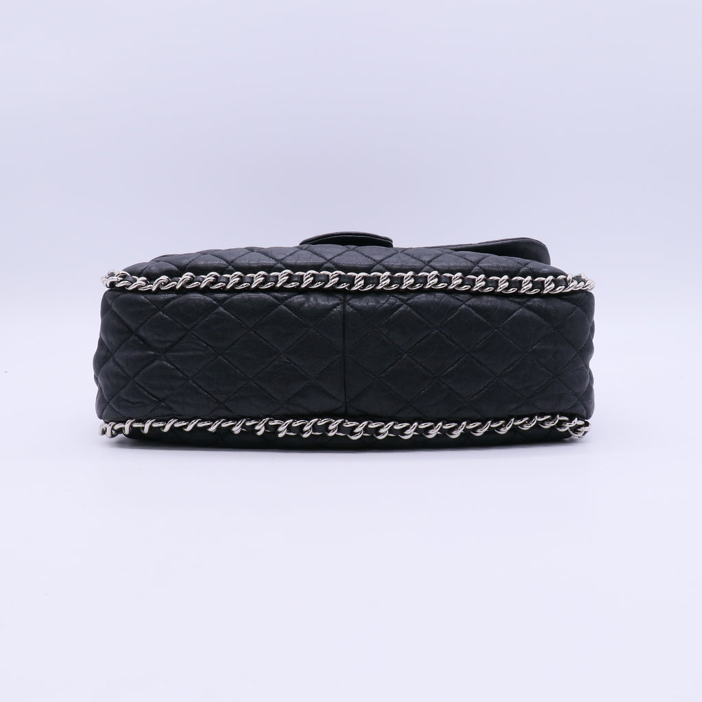 Chanel Black Quilted Washed Lambskin Leather Chain Around Maxi Flap Bag twins LDJ3921