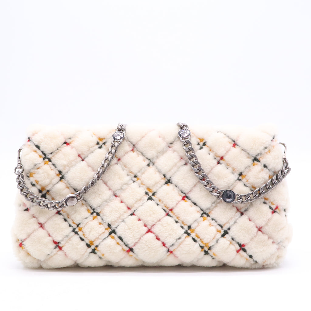 Miu Miu White Plaid Lambswool Flap Handbag twins B21683