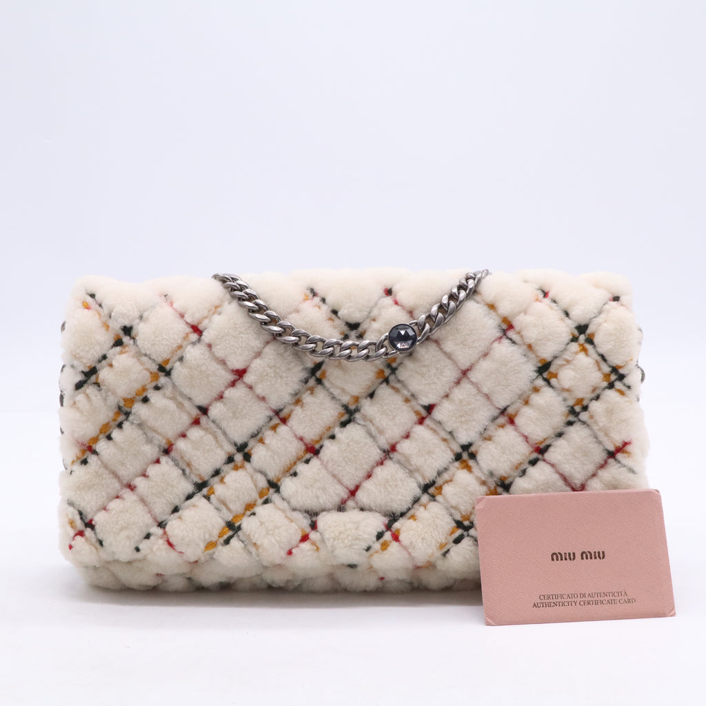 Miu Miu White Plaid Lambswool Flap Handbag twins B21683