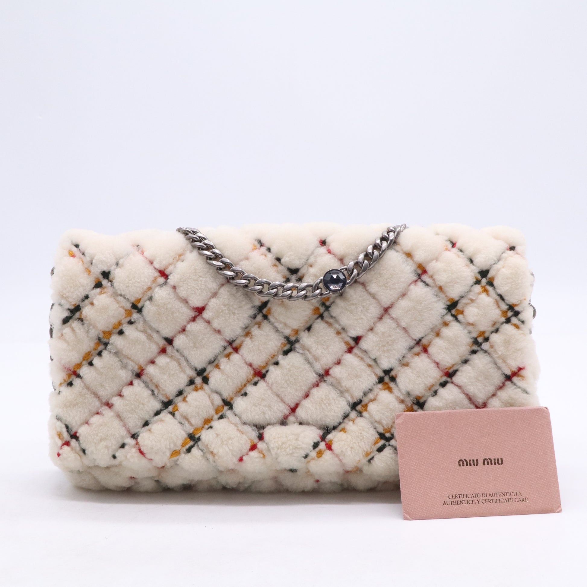 Miu Miu White Plaid Lambswool Flap Handbag twins B21683