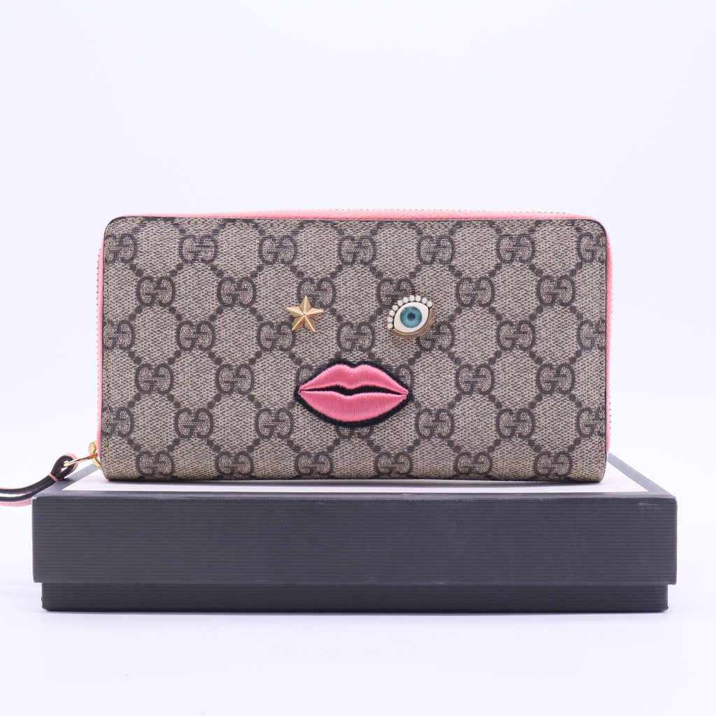 GG Supreme Monogram Embroidered Face Zip Around Wallet Pink W20142