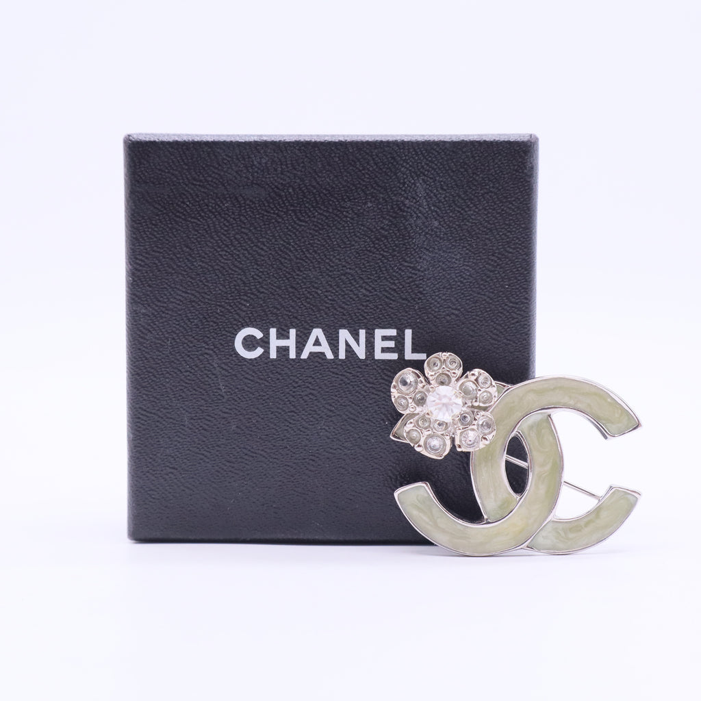 Crystal Green CC Logo Brooch W20189