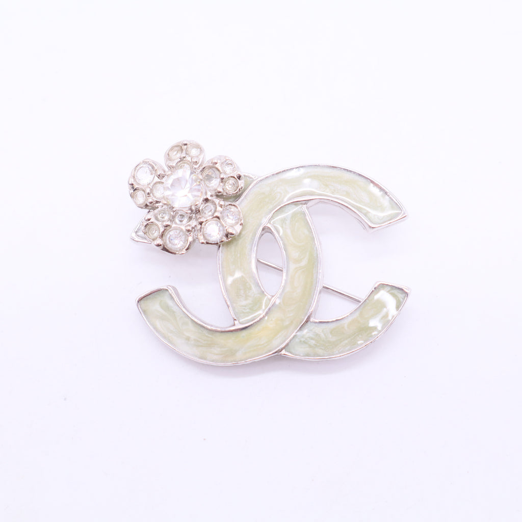 Crystal Green CC Logo Brooch W20189
