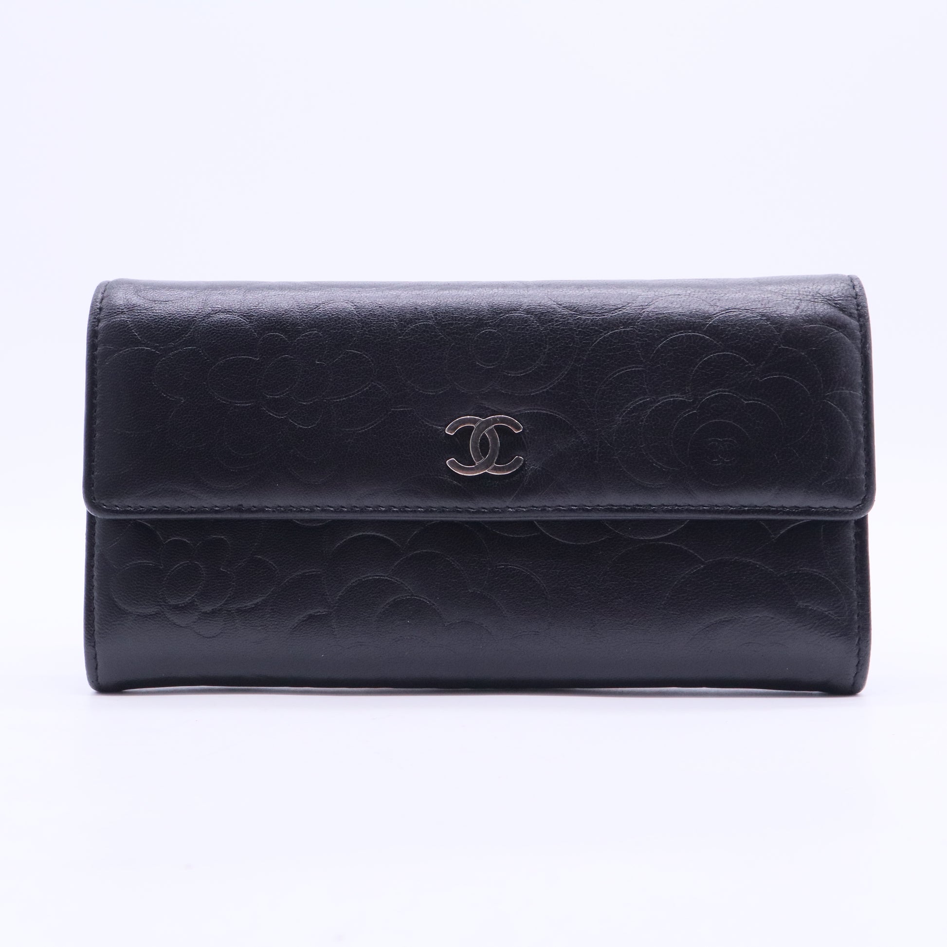Black Camellia Embossed Leather Large Flap Wallet W20166
