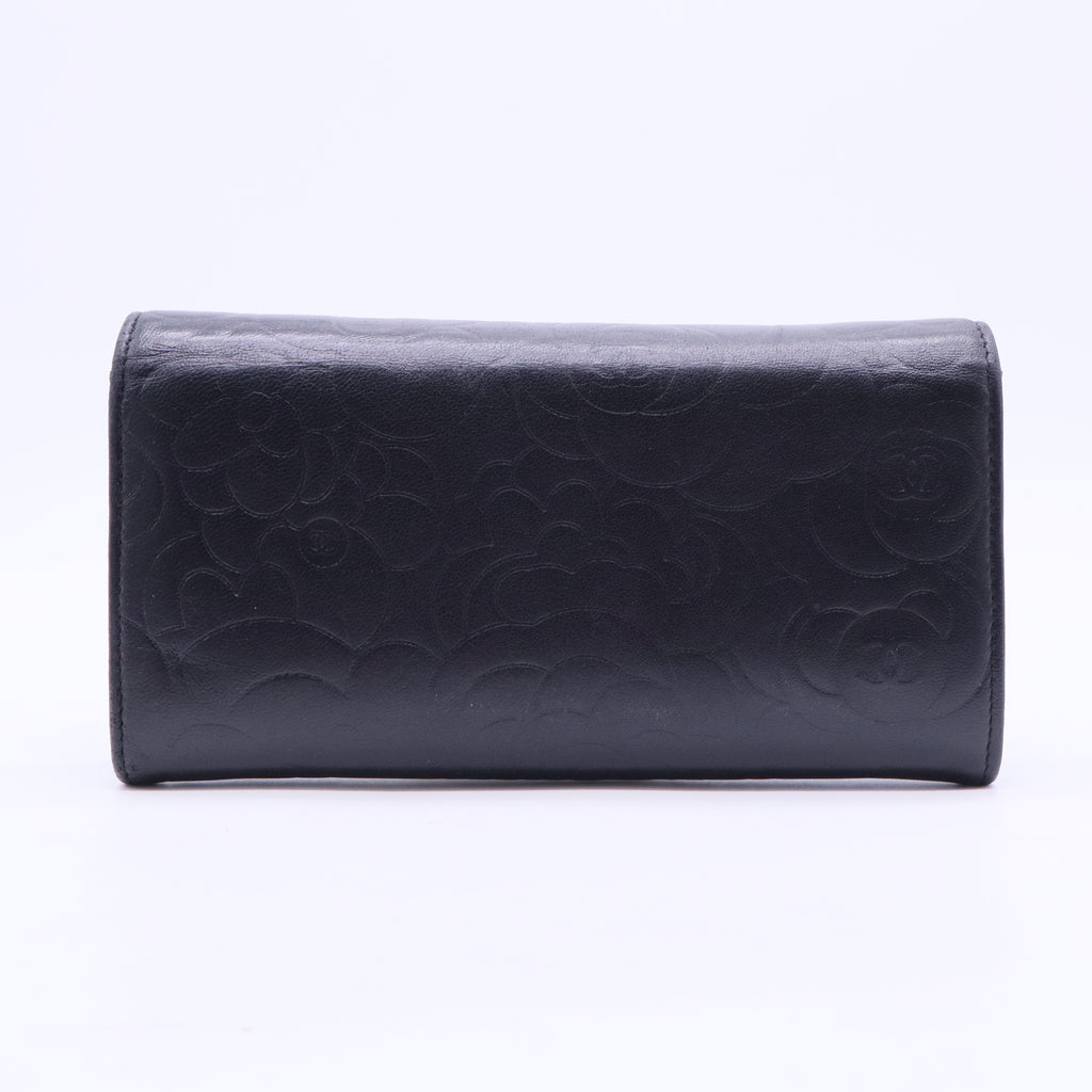 Black Camellia Embossed Leather Large Flap Wallet W20166