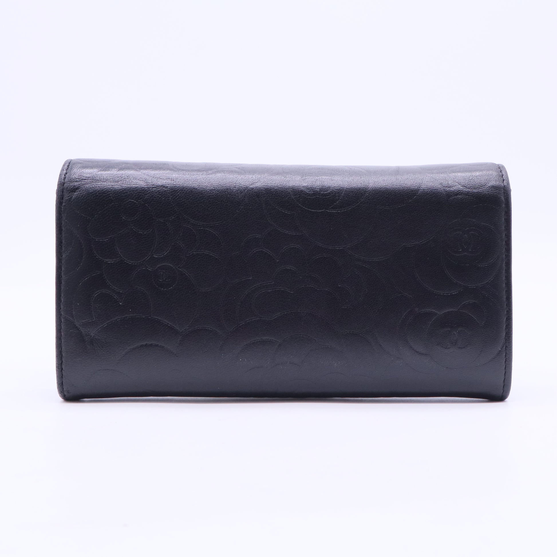 Black Camellia Embossed Leather Large Flap Wallet W20166