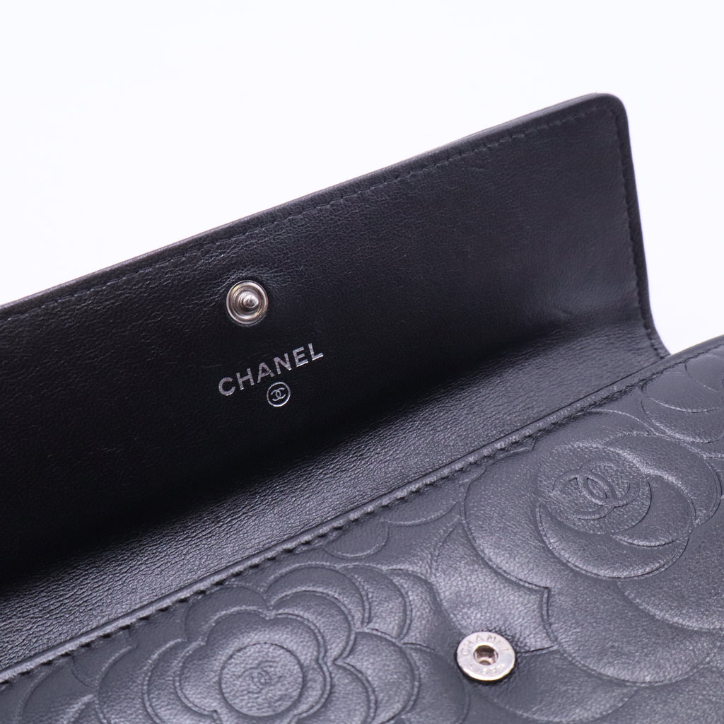 Black Camellia Embossed Leather Large Flap Wallet W20166
