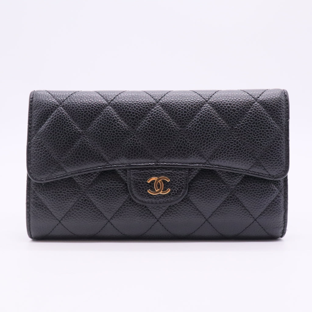 Caviar Quilted Long Flap Wallet Black
