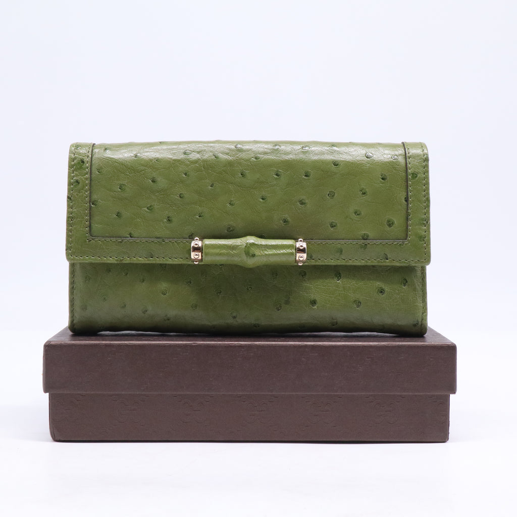 Gucci Green Ostrich Leather Bamboo Bar Continental Wallet W21027
