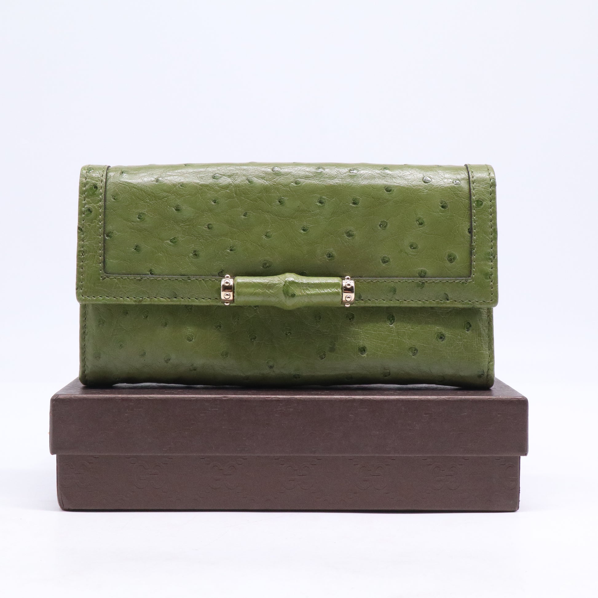Gucci Green Ostrich Leather Bamboo Bar Continental Wallet W21027