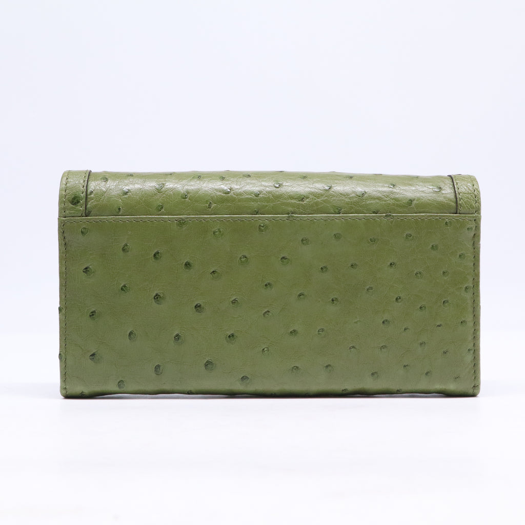 Gucci Green Ostrich Leather Bamboo Bar Continental Wallet W21027